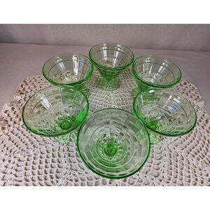 Set Of 6 Vintage Green Depression Glass Ice Cream Cups By Hazel Atlas